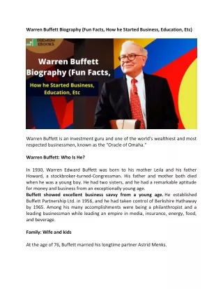 Warren Buffett Biography (Fun Facts, How he Started Business, Education, Etc)