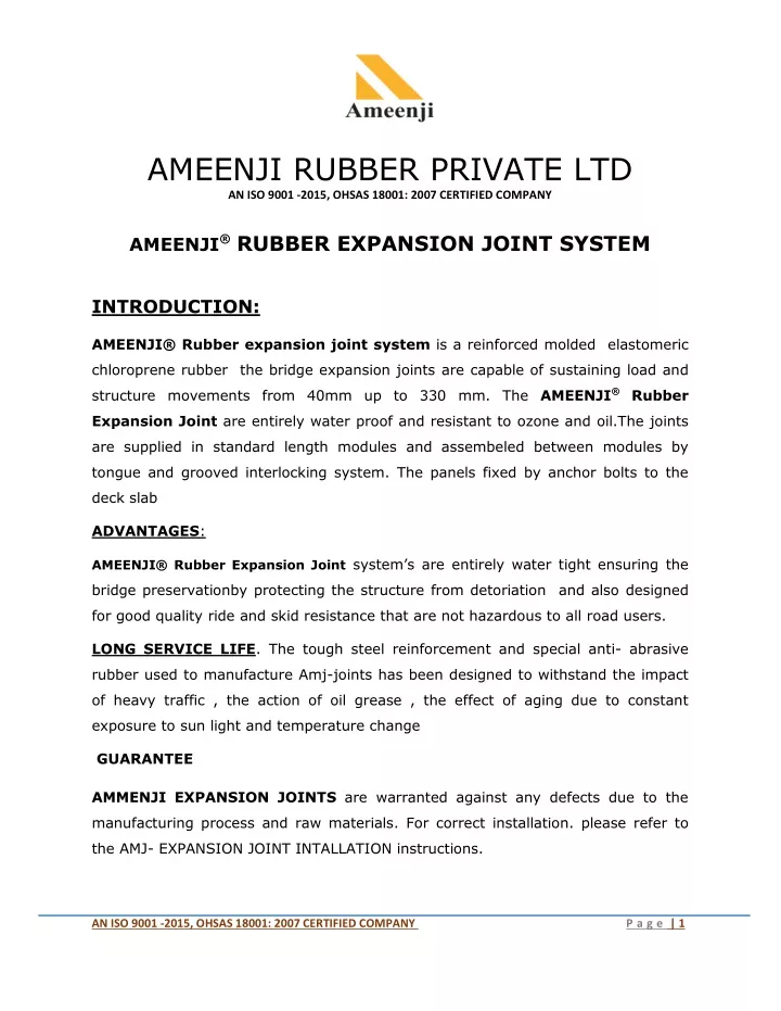 ameenji rubber private ltd an iso 9001 2015 ohsas