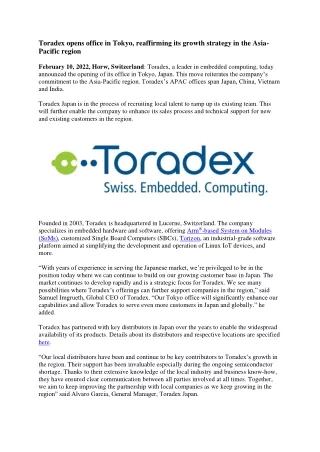 Toradex opens office in Tokyo, reaffirming its growth strategy in the Asia