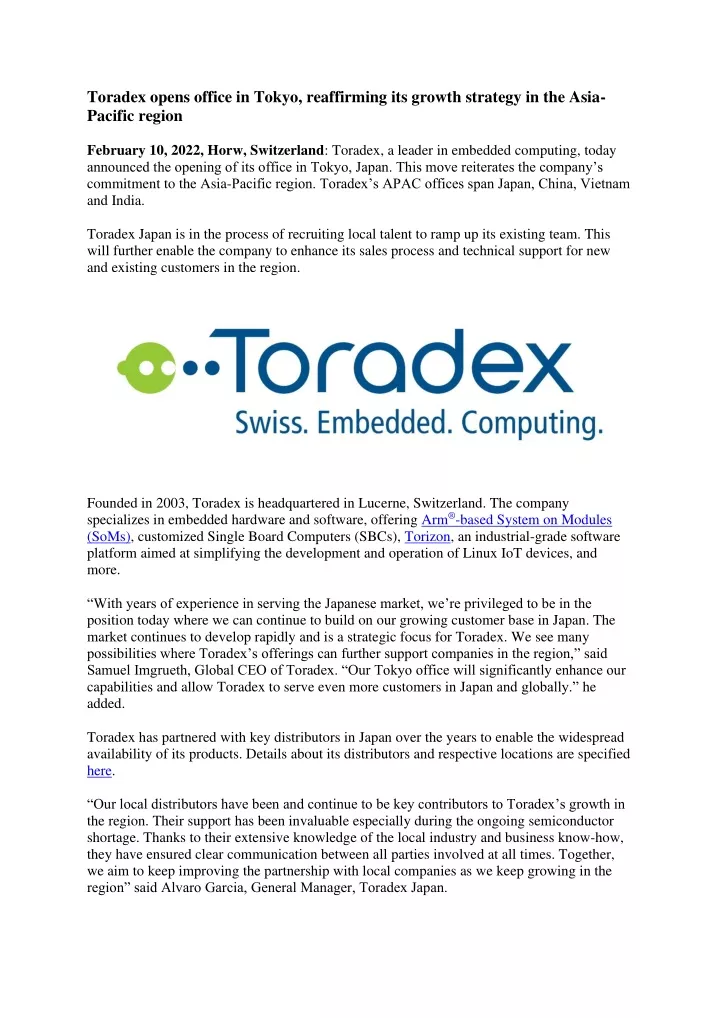 toradex opens office in tokyo reaffirming