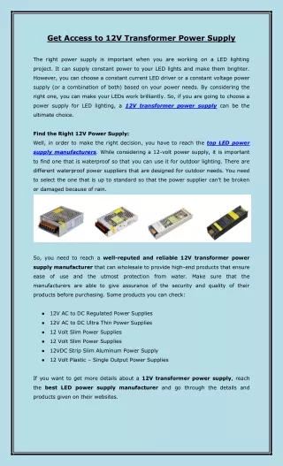 Get Access to 12V Transformer Power Supply
