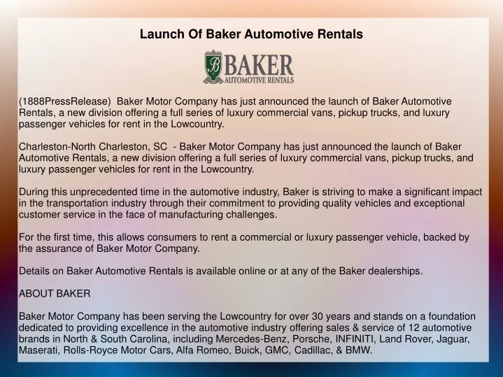 launch of baker automotive rentals