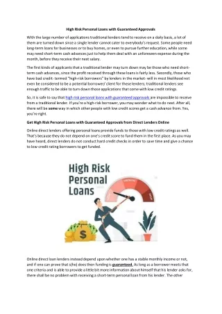 Personal Loans for High-Risk Borrowers- Guaranteed Approvals