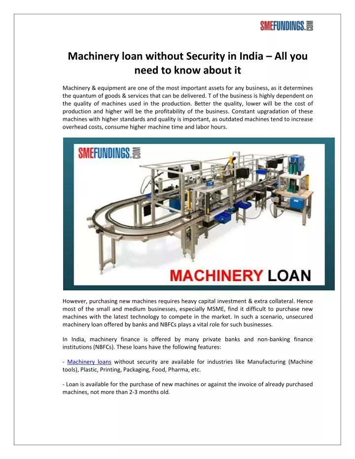 machinery loan without security in india