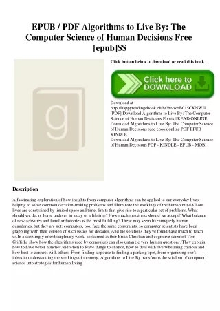 EPUB  PDF Algorithms to Live By The Computer Science of Human Decisions Free [epub]$$