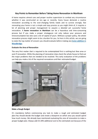 Key Points to Remember Before Taking Home Renovation in Markham