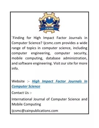 High Impact Factor Journals in Computer Science  Ijcsmc.com