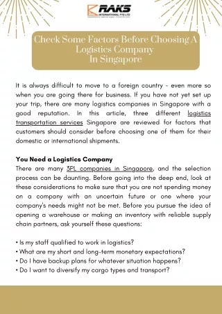 Check Some Factors Before Choosing A Logistics Company In Singapore