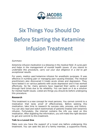 Six Things You Should Do Before Starting the Ketamine Infusion Treatment