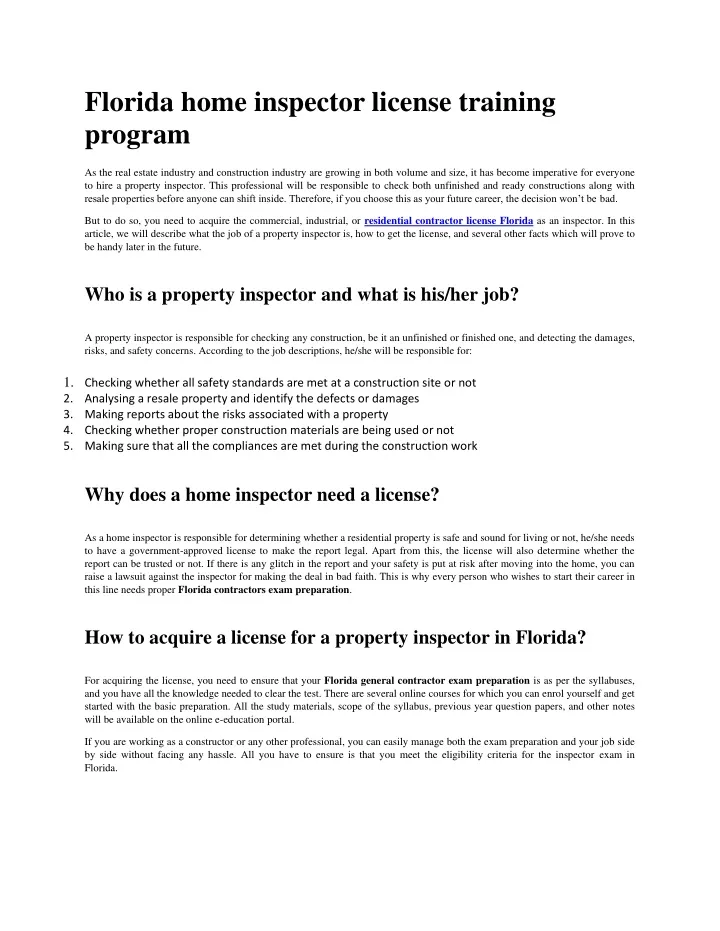 florida home inspector license training program
