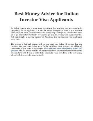Best Money Advice for Italian Investor Visa Applicants