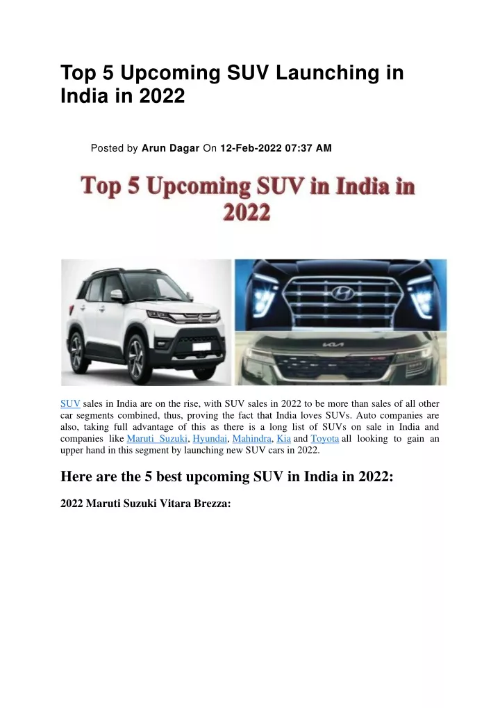 top 5 upcoming suv launching in india in 2022