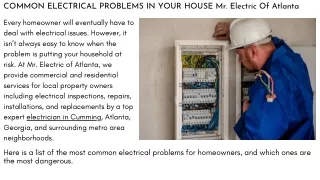COMMON ELECTRICAL PROBLEMS IN YOUR HOUSE Mr. Electric Of Atlanta