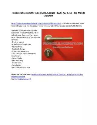 Residential Locksmiths in Snellville