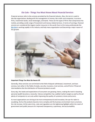 Elo Cole - Things You Must Know About Financial Services