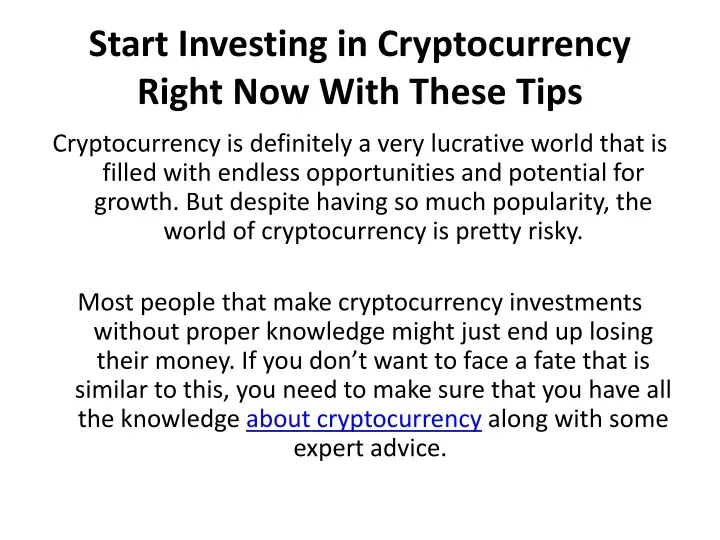 start investing in cryptocurrency right now with these tips