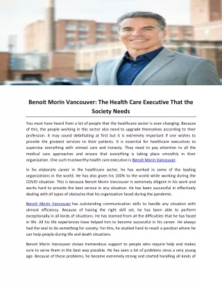 Benoit Morin Vancouver- The Health Care Executive That the Society Needs