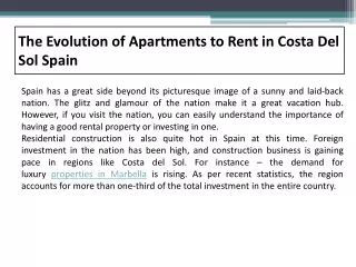 The Evolution of Apartments to Rent in Costa Del Sol Spain