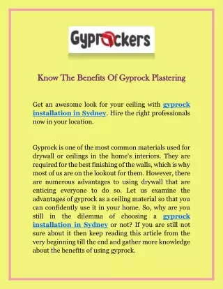 Know The Benefits Of Gyprock Plastering