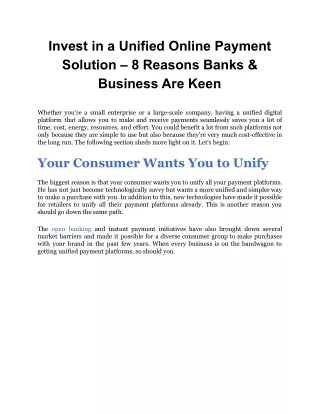 Invest in a Unified Online Payment Solution – 8 Reasons Banks & Business Are Keen