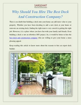 Why Should You Hire The Best Deck And Construction Company
