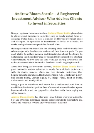 Andrew Bloom Seattle – A Registered Investment Advisor Who Advises Clients to Invest in Securities