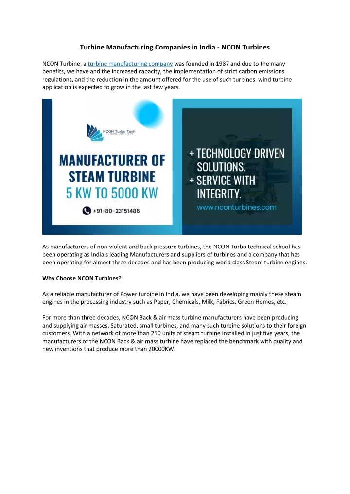 turbine manufacturing companies in india ncon