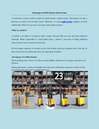 advantages of pallet stacker and its types