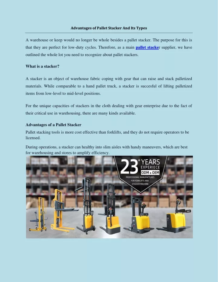 advantages of pallet stacker and its types