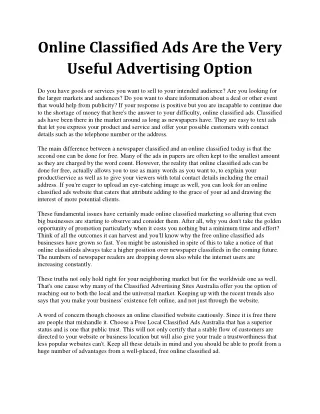 Online Classified Ads Are The Very Useful Advertising Option