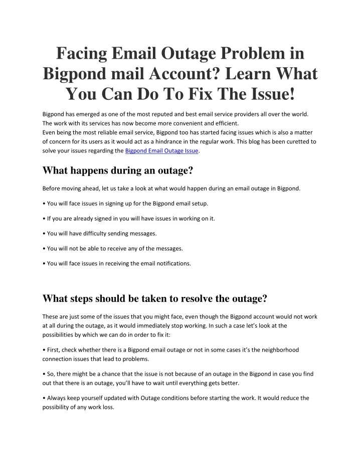 facing email outage problem in bigpond mail