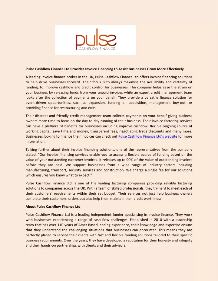 pulse cashflow finance ltd provides invoice