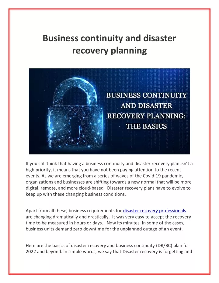 business continuity and disaster recovery planning