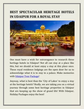 BEST SPECTACULAR HERITAGE HOTELS IN UDAIPUR FOR A ROYAL STAY