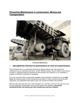 Preventive Maintenance in construction, Mining and  Transportation