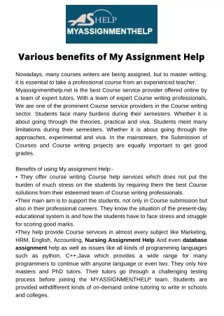 Various benefits of My Assignment Help