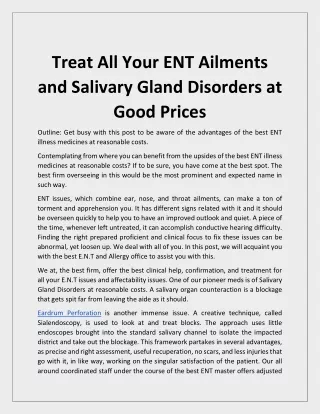 Treat All Your ENT Ailments and Salivary Gland Disorders at Good Prices