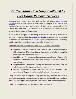 Do You Know How Long It will Last - Hire Odour Removal Services