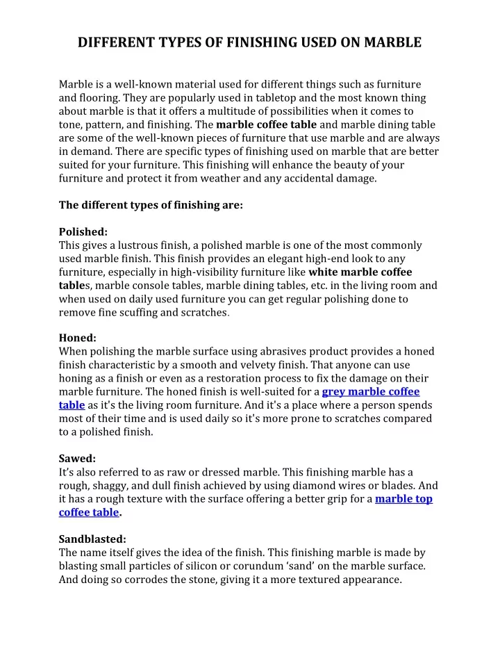 different types of finishing used on marble