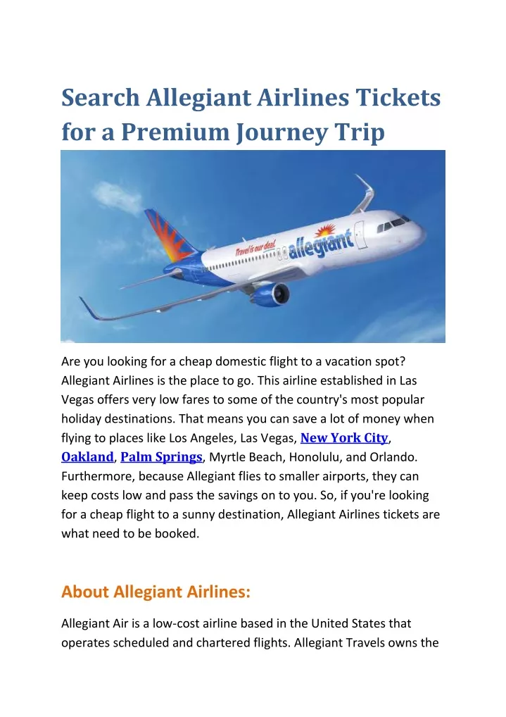 search allegiant airlines tickets for a premium