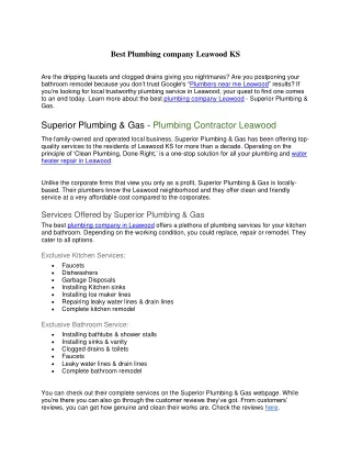 Best Plumbing company Leawood KS