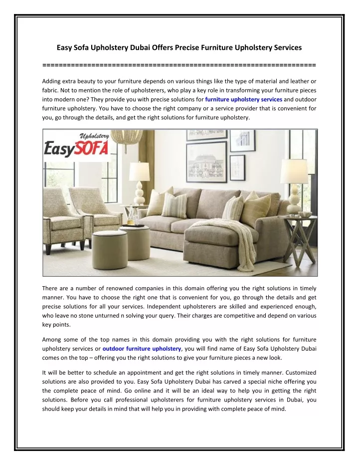 easy sofa upholstery dubai offers precise