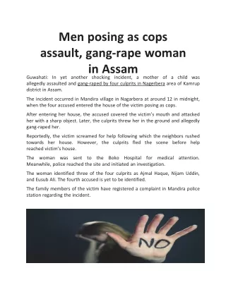 Men posing as cops assault, gang-rape woman in Assam