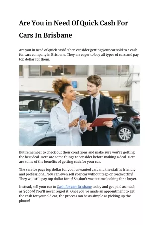 Are You in Need Of Quick Cash For Cars In Brisbane