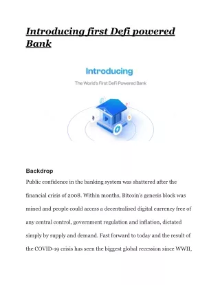 Introducing first Defi powered Bank