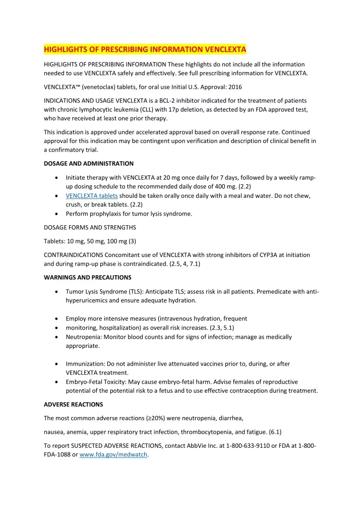 highlights of prescribing information venclexta