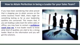 How to Attain Perfection in being a Leader for your Sales Team