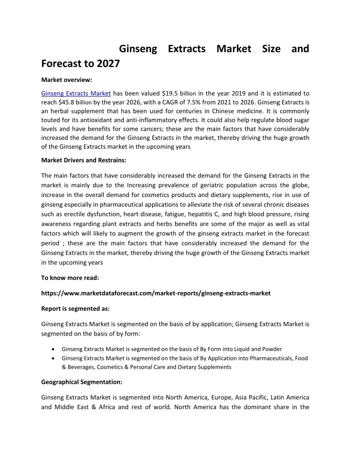 ginseng extracts market size and forecast to 2027