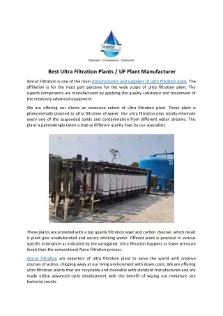 Ultra Filtration (UF) Plant