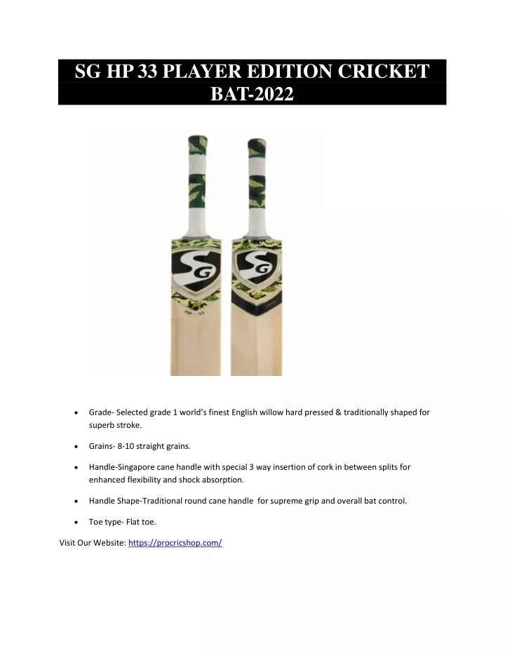 sg hp 33 player edition cricket bat 2022